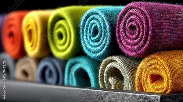 Fototapeta Colorful Rolled Fabric Textiles Displayed on a Shelf for Home Decor and Crafting