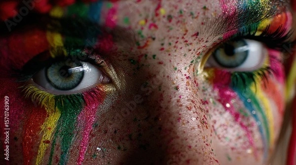 Fototapeta Vibrant Close-Up of Artistic Face with Colorful Festival Makeup and Glitter