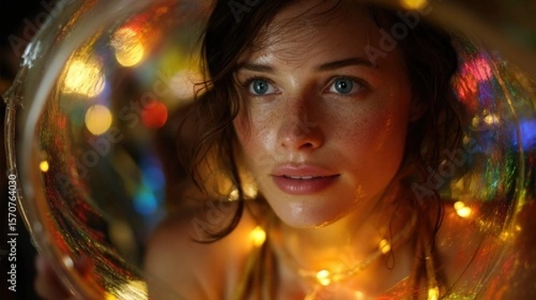 Fototapeta Enchanting Close-Up Portrait of Young Woman Surrounded by Colorful Lights and Bokeh Effects