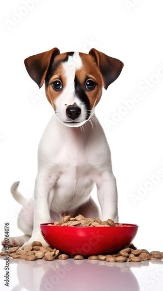 Fototapeta Jack Russell Terrier puppy dog ​​sitting next to red bowl with dry dog ​​food and looking at camera on white background with copy space. banner for text.. vertical photo. pet care