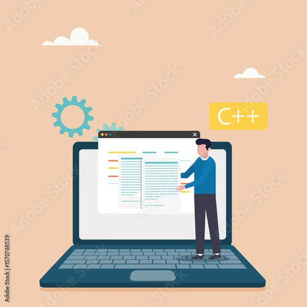 Obraz Software development concept. A man creates applications and programs, tests code, works in the IT industry. Vector illustration.	