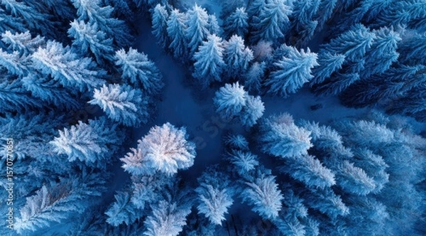 Fototapeta Aerial view of a snow-covered evergreen forest in cool blue tones, showing dense treetops and a hint of a path