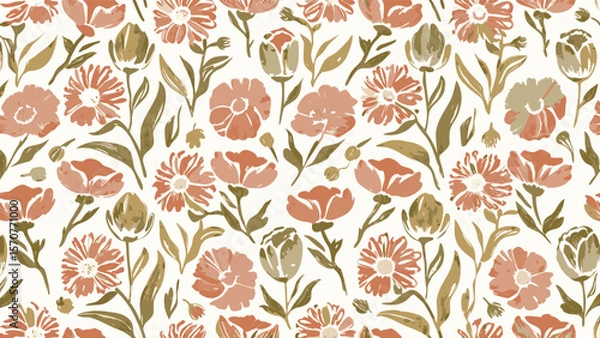 Fototapeta Seamless floral pattern with peach and olive green flowers and leaves on a white background design element