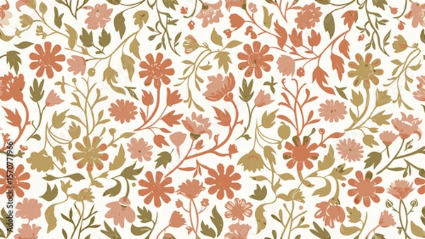 Fototapeta Floral pattern with a variety of flowers and leaves in shades of orange, pink, and olive green on white