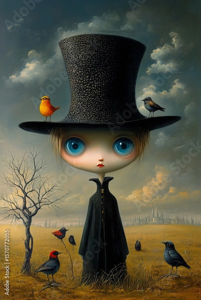 Fototapeta Conceptual fantasy artwork of melancholic character with cartoonish proportions in a mysterious landscape.