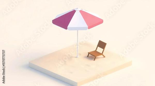 Obraz beach umbrella and chair on white sand, minimalist tropical holiday scene