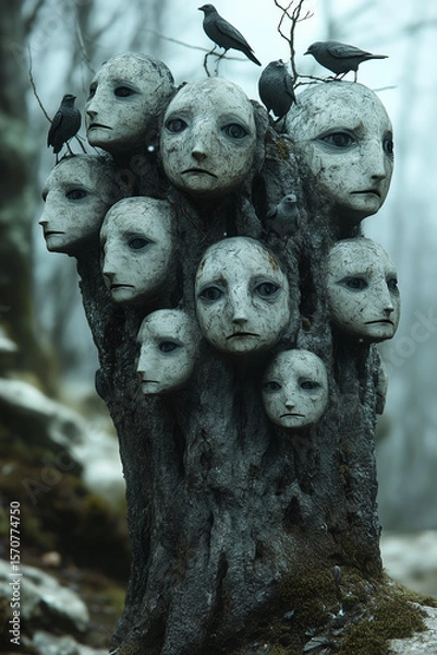 Fototapeta Group of eerie forest dwellers with hollow expressions and wooden textures. Fantasy concept art with dreamlike surreal atmosphere