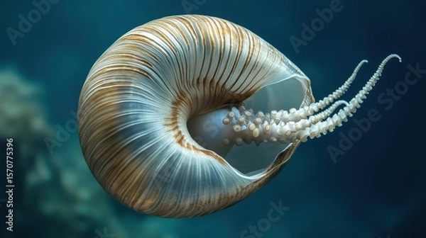 Fototapeta Nautiloid shell with intricate patterns and tentacles.