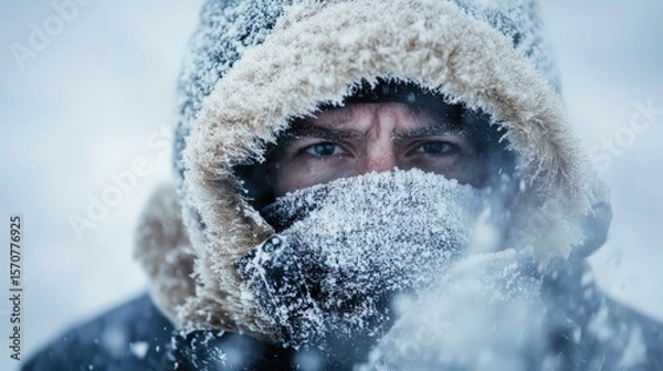Fototapeta A person endures frigid winter conditions.