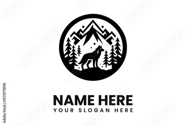 Fototapeta A black and white logo featuring a wolf, mountains, and trees within a circle.