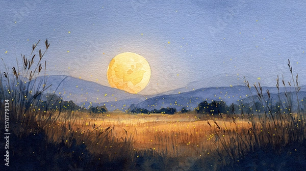 Obraz Watercolor landscape of a golden field at dusk with a glowing full moon, distant hills, tall grasses, and scattered fireflies in a calm autumn setting