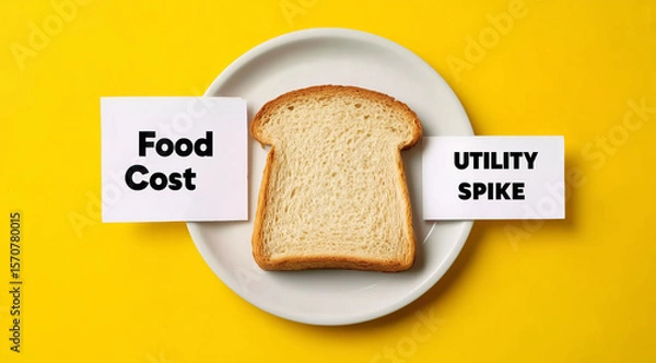 Fototapeta Food cost and utility spike concept showing inflation shortage price hike and rising living expenses with bread on plate