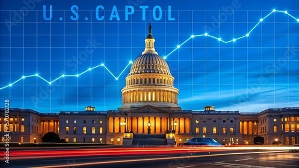 Obraz Us capitol building at night with a rising stock market graph overlaid symbolizing economic growth and financial progress