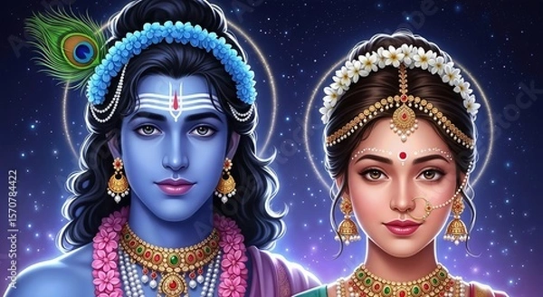 Fototapeta Radha Krishna Together Forever – Embodiment of Unconditional Love in the Divine Night Sky