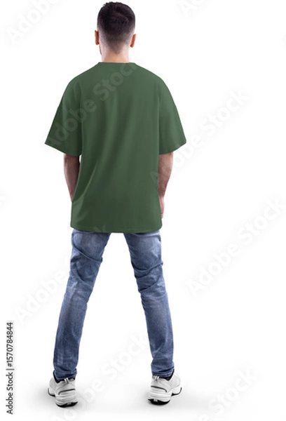 Fototapeta Mockup of a green oversized t-shirt on a bearded man in full height, png, back view