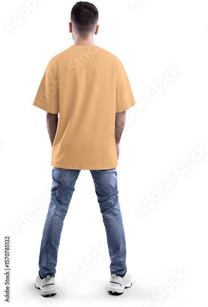 Fototapeta Mockup of nude, beige, tun oversized t-shirt on full-length bearded guy, png, back view