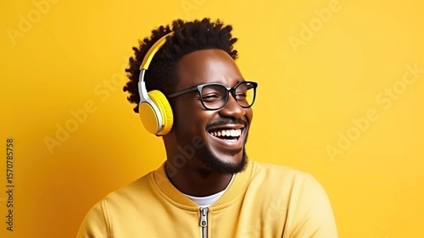 Fototapeta Young cute African American man smiling wearing casual clothes and headphone enjoying listening music overisolated on plain yellow background studio with copy space. Lifestyle concept
