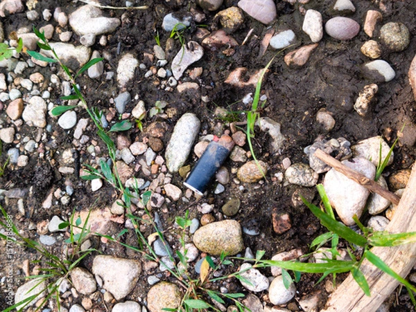 Fototapeta Pollution des rivières : un briquet rouillé, triste vestige de l'empreinte humaine