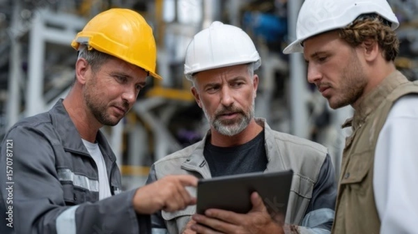 Fototapeta Team meeting on safety protocols industrial site group discussion outdoor environment close-up view workplace collaboration
