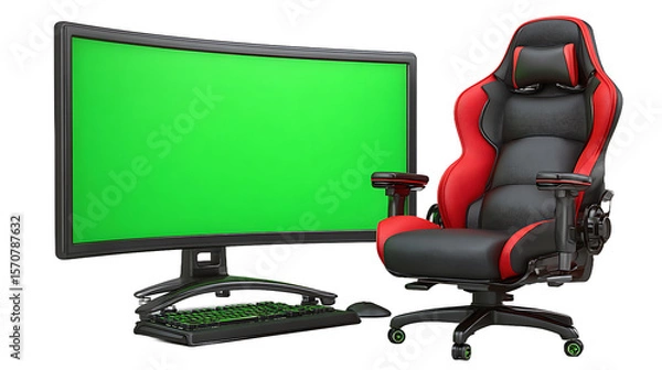 Fototapeta Gaming Setup with Red and Black Ergonomic Chair and Green Screen Monitor