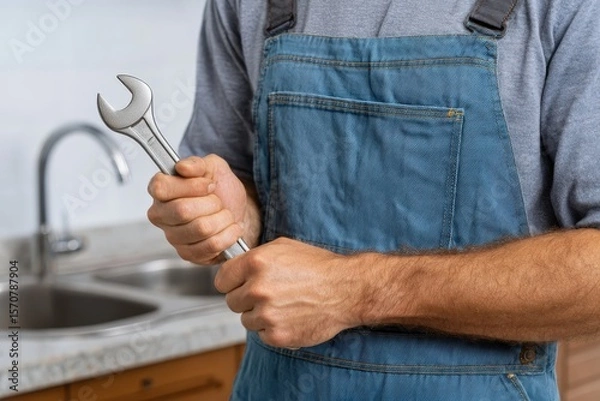 Fototapeta Plumber holding a wrench in front of a sink ready to fix the plumbing issue