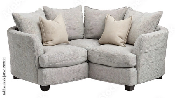 Fototapeta Gray And Beige Patterned Sectional Sofa With Cream Pillows