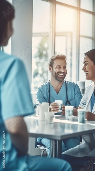 Fototapeta Happy smiling doctors sit in modern clinic cafe and taking break, drinking coffee during talking with teammate. Relaxed carefree medical staff in hospital cafe. Professional team. Lifestyle. vertical.