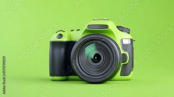 Fototapeta Green Digital Camera with Lens on Vibrant Green Background