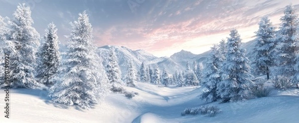Fototapeta The breathtaking winter landscape of snow-covered trees and mountains.
