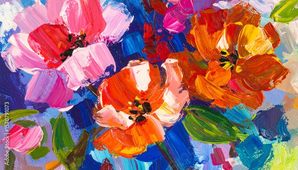 Fototapeta Botanical abstraction. Beautiful flowers. Thick acrylic daubs. Hand drawn art.