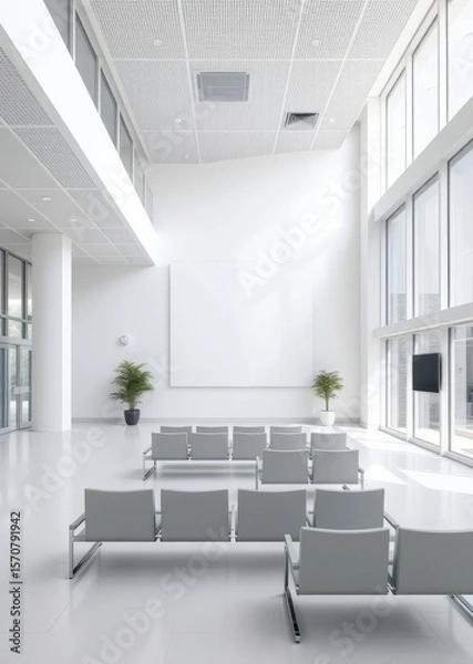 Fototapeta Modern hospital waiting area with clean white walls large windows and a blank canvas on the wall ready for informative displays or soothing artwork Empty room interior design Ultra realistic Pho