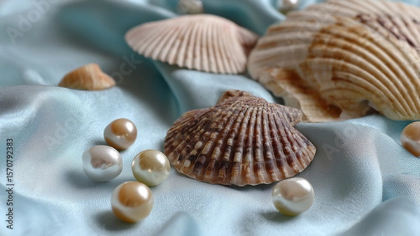 Fototapeta Multiple seashells and scattered pearls rest on pale blue silk fabric in a soft, elegant arrangement. Gentle lighting and smooth textures evoke ocean treasure, serenity, and refined beauty.