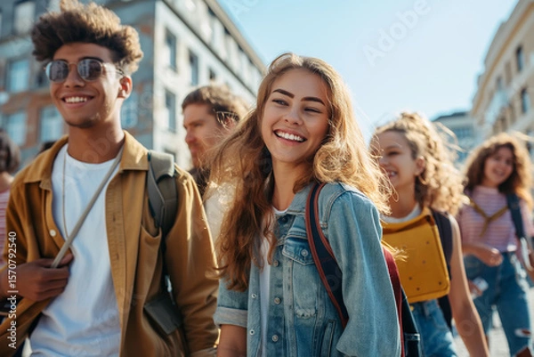 Obraz Group of happy student friends walking in the city, relaxing on vacation. Holiday activities concept