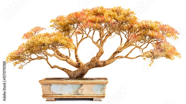 Fototapeta Miniature Bonsai Tree with Fall Foliage in Rectangular Container