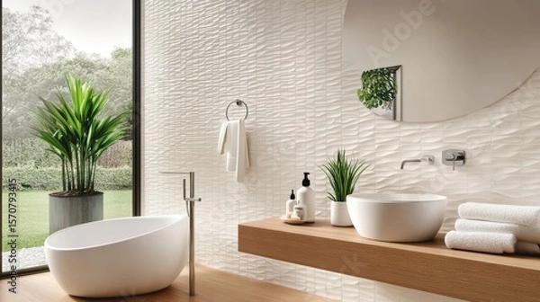 Fototapeta Elegant Spa Bathroom Interior with Round Mirror and White Fixtures in a Serene Light Color Scheme