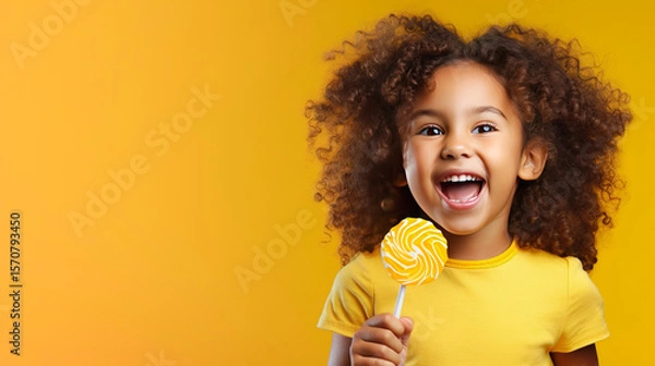 Fototapeta  Cute pretty curly little African american child girl wearing sunglasses, posing and laughing. to camera with colorful lollipop on yellow background. Happiness, childhood banner with copy space.