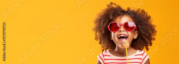 Fototapeta  Cute pretty curly little African american child girl wearing sunglasses, posing and laughing. to camera with colorful lollipop on yellow background. Happiness, childhood banner with copy space.