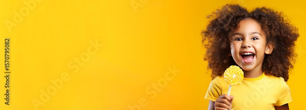 Fototapeta  Cute pretty curly little African american child girl wearing sunglasses, posing and laughing. to camera with colorful lollipop on yellow background. Happiness, childhood banner with copy space.