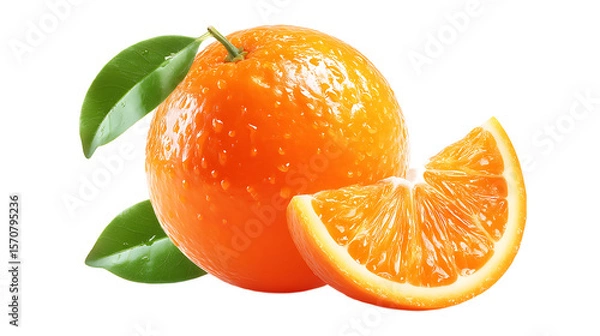 Fototapeta Orange Fruit with Segments and Green Leaves on Transparent Background