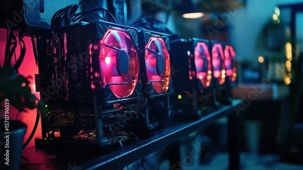 Fototapeta Close-up of multiple computer hardware units with glowing fans.