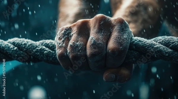 Fototapeta Close-up view of a hand gripping a rope.