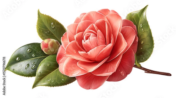 Fototapeta Pink Flower Bloom with Water Droplets on Green Leaves