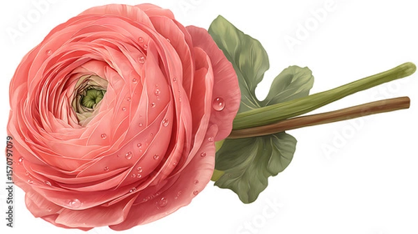 Fototapeta Pink Flower Blossom With Water Drops On Petals And Green Stem