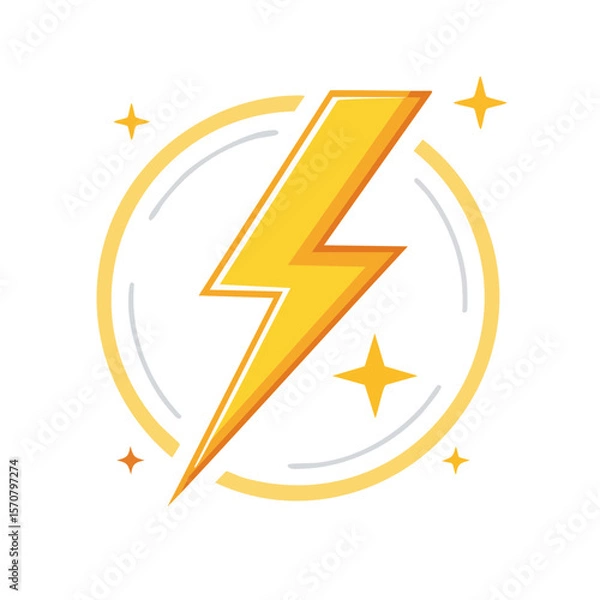 Obraz Energetic Lightning Bolt Symbol with Sparkling Star Elements Against Black Background
