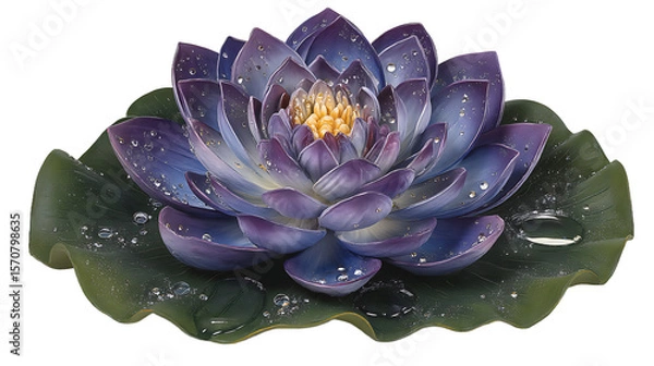Fototapeta Purple And Blue Water Lily With Dew Drops On Green Pad, Isolated On Dark Background