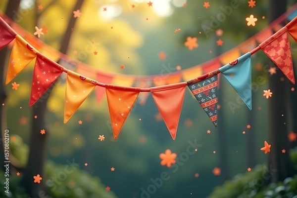 Fototapeta Festive Triangle Bunting with Decorative Stars in Outdoor Setting                                                                                     