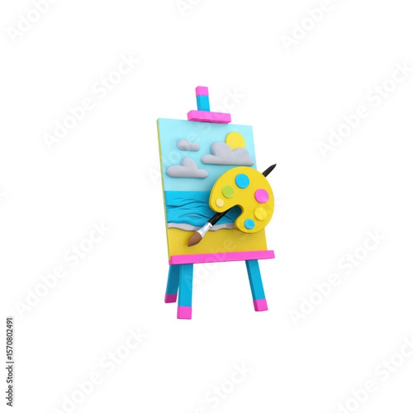 Fototapeta The art easel displays a bright canvas depicting a seascape under a sunny sky with puffy clouds