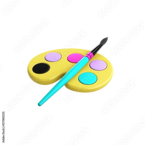 Fototapeta Palette with five round holes filled with colors and a brush