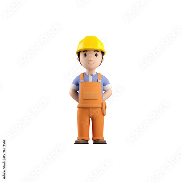 Fototapeta A charming cartoon construction worker, designed in a simplistic, rounded style