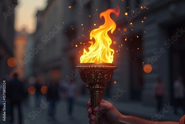 Fototapeta Hand holding an illuminated torch with flame in urban environment, symbolizing victory, progress, or a historical event.                              